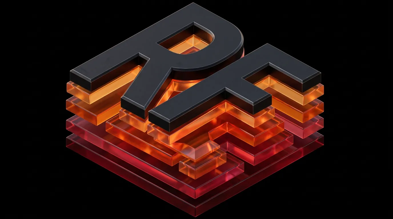 RealmForge XR logo — black RF letters on stacked orange and red glass layers